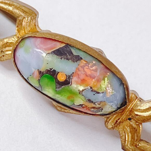 Vintage 1930s Art Deco Gold Tone Bar Brooch Foil Glass Cabochon Czech-style Pin - Picture 15 of 15